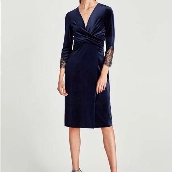 Zara Midnight Blue crossover wrap lace dress Sz L